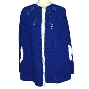 Handmade Crochet Cape Blue White Poncho Vintage 70s Cottagecore Boho Retro